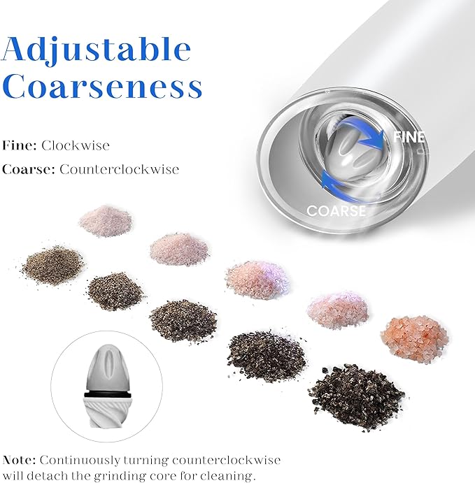 UNNEES Rechargeable Electric Salt and Pepper Grinder Set, Gravity Activated, Adjustable Coarseness, LED Light, USB Charging, Ceramic Core, 150ml Transparent Hopper, Black + White - Image 5