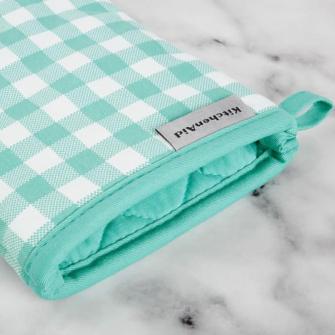 KitchenAid Gingham Oven Mitt 2-Pack Set, Aqua Sky, 7"x13" - Image 3