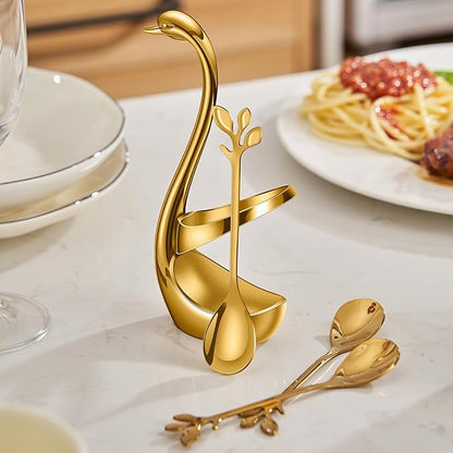 AnSaw Gold Small Coffee Spoon Holder Set,Swan Base With 10 Pcs Demitasse Espresso Spoons Set,4.7" Mini Leaf Dessert Spoon,Stainless Steel Tea Spoons - Image 7