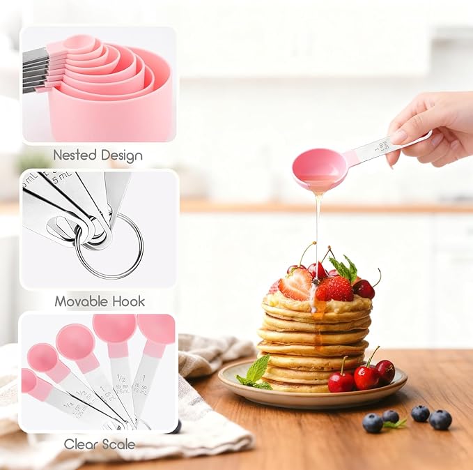 Measuring Cups and Spoons Set, 10 Pieces Stackable Measure Tools with Stainless Steel Handles, Kitchen Gadgets for Cooking & Baking (Pink) - Image 4