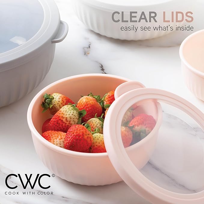 COOK WITH COLOR Prep Bowls with Lids- Wide and Deep Nesting Plastic Small Mixing Bowl Set with Lids, 8 Piece Set - Wide Bowls, Grey/Pink - Image 3