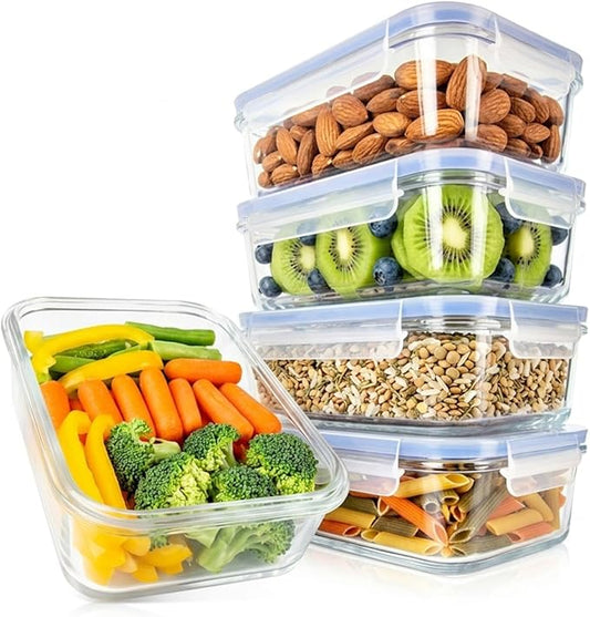NutriChef 10-Piece Glass Food Containers - Stackable Superior Glass Meal-prep Storage Containers, Newly Innovated Leakproof Locking Lids w/Air Hole, Freezer-to-Oven-Safe (Blue)