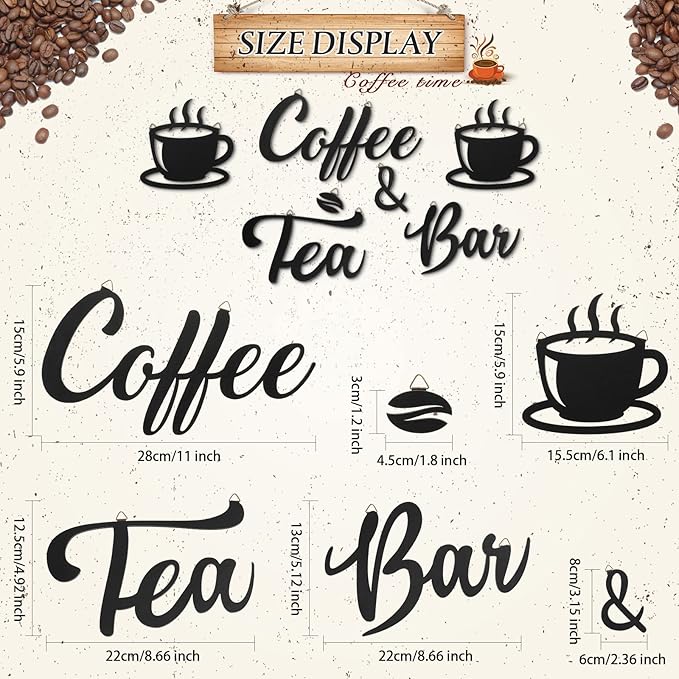 Queekay 7 Pieces Coffee Bar Sign Rustic Wall Decor Art Wooden Sign with Coffee Beans and Cups Decor for Bar Counter Home Office Kitchen - Image 4