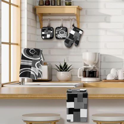 Jingmore 6 Pcs Kitchen Decor Set Accessorie Farmhouse Kitchen Towels Pot Holders Oven Mitts Set 2 Dish Towels 2 Pot Holders 2 Cooking Mittens Oven Glove for Cooking (Gray and Black,Geometric) - Image 7