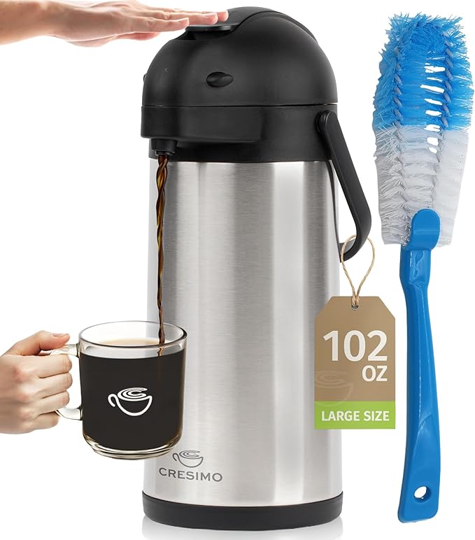 Coffee Carafe Airpot & Cleaning Brush - 101oz / 3L Airpot 12 Hours Hot Water Dispenser or 36 Hours Cold Drink Dispenser with Pump - Easy Dispensing Coffee Carafes for Keeping Hot Extra Large - Cresimo by Cresimo