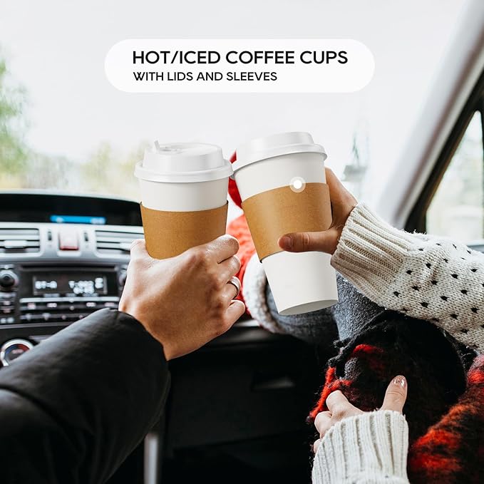 JOLLY PARTY [100 Pack] 16 oz Paper Coffee Cups, Disposable Paper Coffee Cup with Lids, Sleeves, and Stirrers, Hot/Cold Beverage Drinking Cup for Water, Juice or Tea, Suitable for Home,Shops and Cafes - Image 5