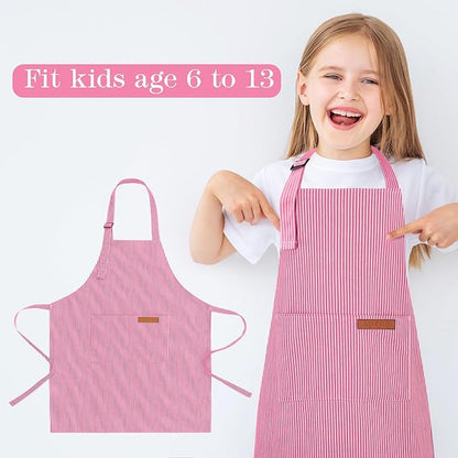 2 Pack Stripes Kids Apron, Kids Cooking Aprons with 2 Pockets, Cute Aprons for Cooking for Boys and Girls