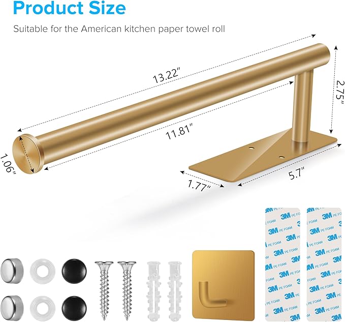 2nd Gen Paper Towel Holder Under Cabinet No Drilling, [More Sturdy] Self Adhesive or Drilling Paper Towel Holder Wall Mount for Kitchen, RV, [Fit Mega Paper Towel Roll] SUS304 Stainless Steel - Image 9