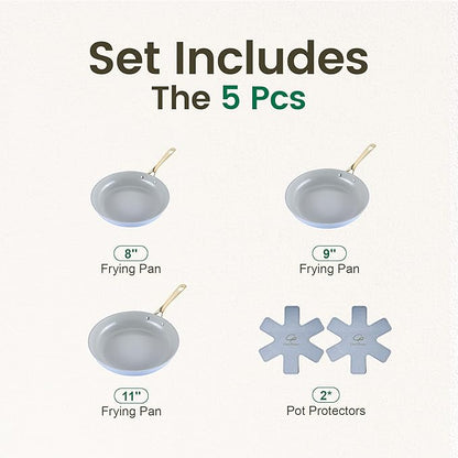 Chef Power Ceramic Frying Pan with Stainless Steel handle 5Pcs Set, Non Stick Grill Pan Set, Dishwasher and Oven Safe, Blue Gray and Granite Grey