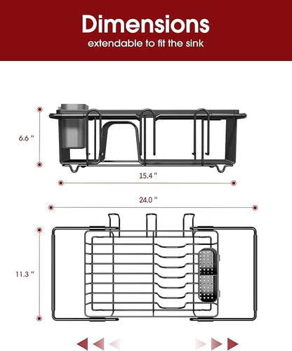Sakugi Dish Drying Rack in Sink - Expandable Stainless Steel Dish Rack Over The Sink, Kitchen Sink Drain Strainer with Cutlery Holder & Cup Holders, 15.4 x 11.3 x 6.6 Inch, Black - Image 4