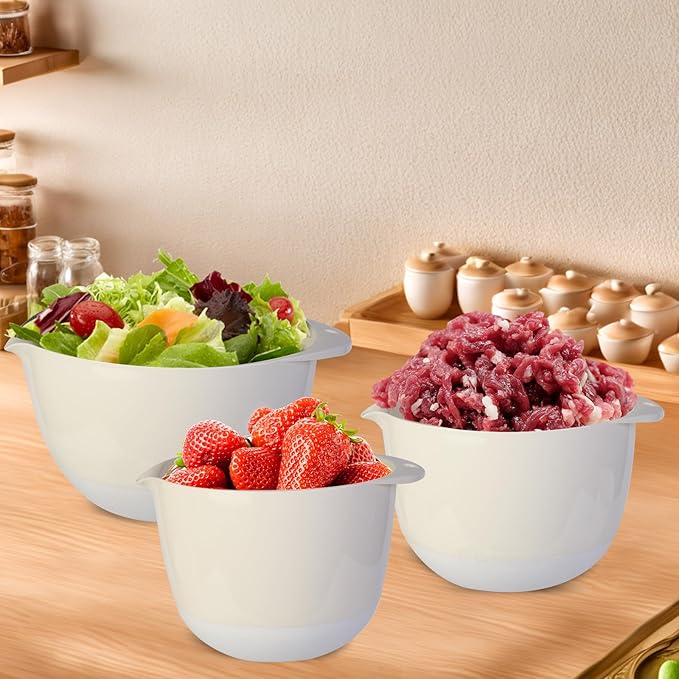 3 Plastic Mixing Bowls with Pour Spout,Lids and TPR Non-Slip Bottom,Small Nesting Batter Bowl Set for Kitchen Prep,Baking,Storage,BPA Free,Easy to Grip,1.5Qt,2Qt,3Qt,White