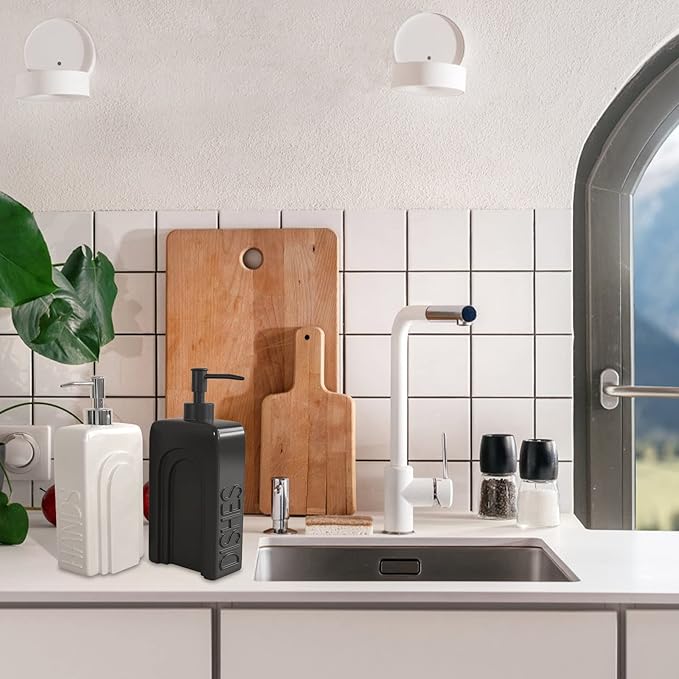 Soap Dispenser Set with Funnel, Non-Slip Silicone Pads, 2 Pack Ceramic Refillable Dish Soap and Hand Soap Dispenser for Kitchen, Bathroom, Matte Black and White - Image 2
