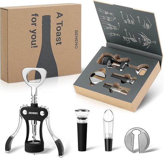 Beneno Multifunctional Wine Bottle Opener Gift Wing Corkscrew, Foil Cutter, Vacuum Stopper & Aerator Pourer, Perfect for Wine Lovers Man Woman, Elegant Black by Beneno
