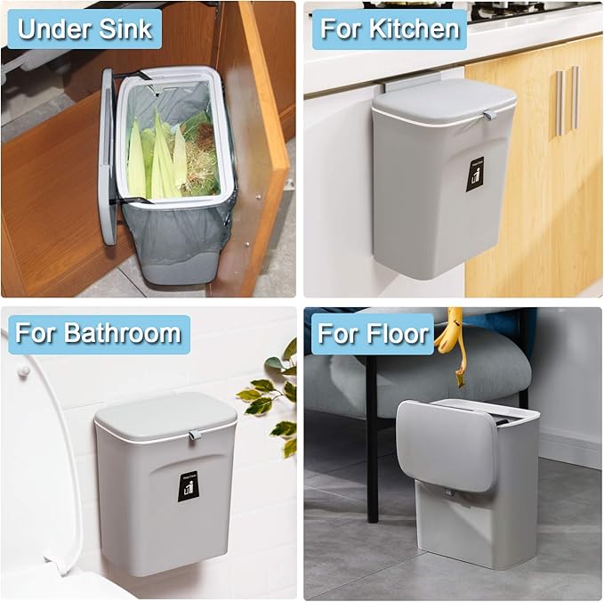 Tiyafuro 2.4 Gallon Kitchen Compost Bin for Counter Top or Under Sink, Hanging Small Trash Can with Lid for Cupboard/Bathroom/Bedroom/Office/Camping, Mountable Indoor Compost Bucket, Gray - Image 6