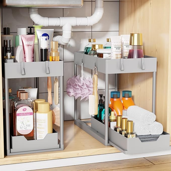 Simple Trending Under Sink Organizer 2 Pack, Sink Pull-Out Sliding Storage Cabinet, 2-Tier Under Shelf Organizer for Kitchen Bathroom, Grey by SimpleTrending