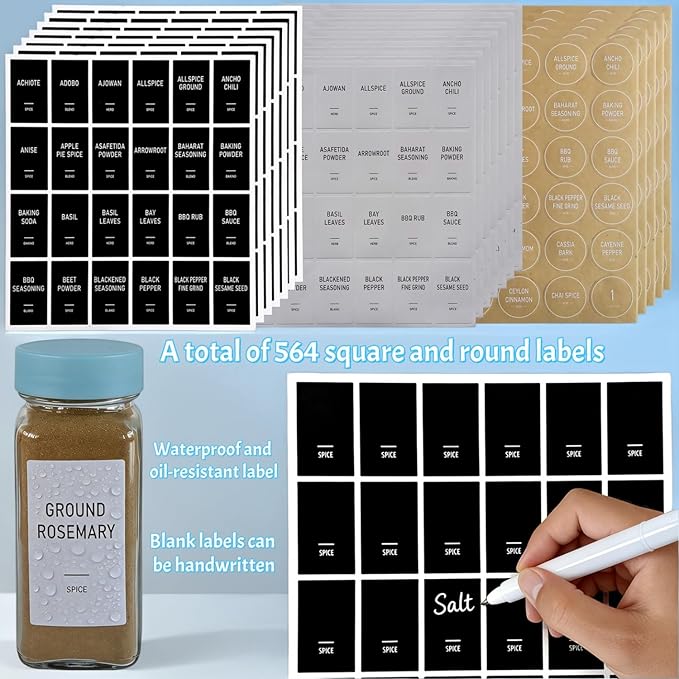 Spice Jars with Labels - 24 Glass Spice with Shaker Lids & Airtight Plastic Caps - 4oz Complete Seasoning Containers Organizer Set for Cabinet, Drawer & Rack (Skyblue) - Image 6