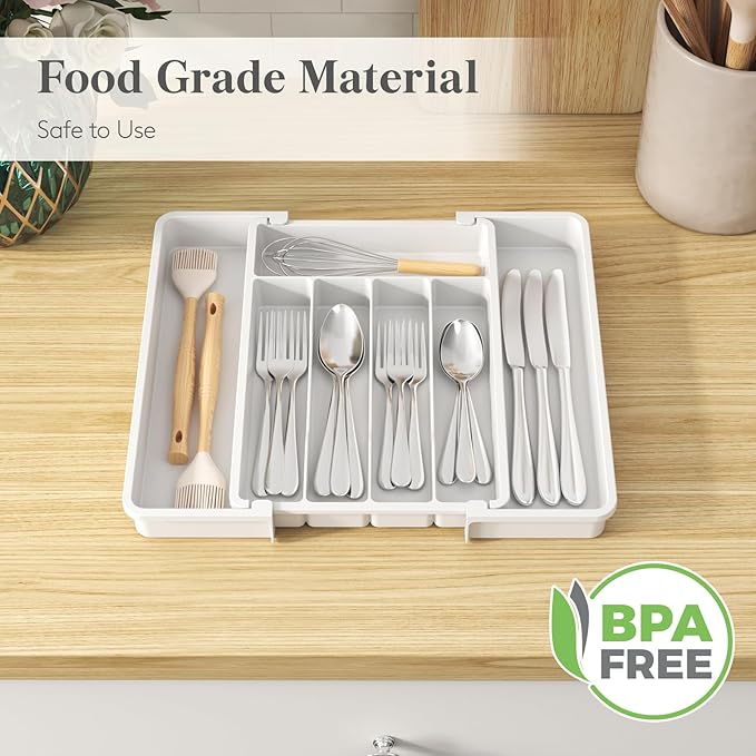 Lifewit Silverware Drawer Organizer, Expandable Utensil Tray for Kitchen, BPA Free Flatware and Cutlery Holder, Adjustable Plastic Storage for Spoons Forks Knives, 8.5-14 x 12", White - Image 6