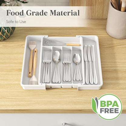 Lifewit Silverware Drawer Organizer, Expandable Utensil Tray for Kitchen, BPA Free Flatware and Cutlery Holder, Adjustable Plastic Storage for Spoons Forks Knives, 8.5-14 x 12", White - Image 6