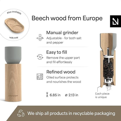 LARS NYSØM Wooden Salt and Pepper Grinder Set Manual - Salt and Pepper Mills with Adjustable Ceramic Grinder - Elegant Beechwood Pepper and Salt Mill Set for Dining Table (Ash Gray)