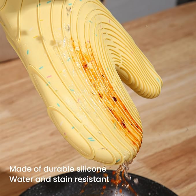 4 Pieces Oven Mitts and Pot Holders of Macaron Color Thickened Non-Slip Silicone Kitchen Gloves, Heat Resistant up to 500F, Essential for Kitchen Baking(makal-Huang) - Image 4