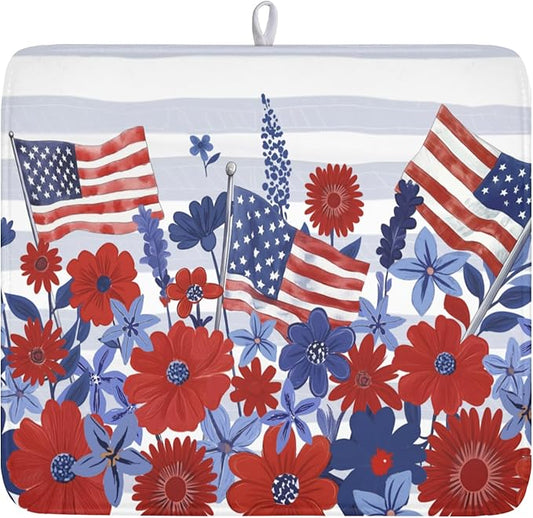 Patriotic Floral Dish Drying Mat for Kitchen Counter 4th of July American Flag Microfiber Dish Drainer Mat Red and Blue Flower Absorbent Washable Drying Pad 16"x18"