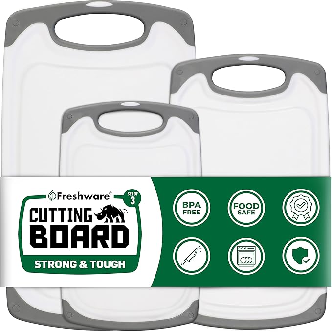 Freshware Cutting Boards for Kitchen, Chopping Board 3-Pack with Different Sizes, Juice Grooves and Non Slip Handles - Reversible, Large Cutting Board Set - Dishwasher Safe - Gray - Image 2
