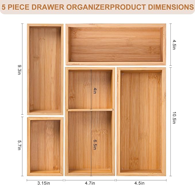Bamboo Drawer Organizer 5 Pcs for Kitchen Multi-purpose Storage Dividers for Kitchen, Office, Jewelry, Cosmetics, Wooden Drawer Dividers for Drawer Organizer Desk Organizer Gift for Women Gifts Idea - Image 2