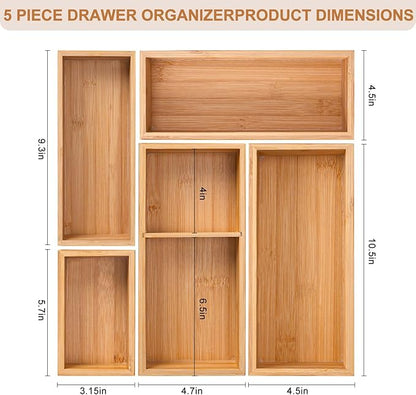 Bamboo Drawer Organizer 5 Pcs for Kitchen Multi-purpose Storage Dividers for Kitchen, Office, Jewelry, Cosmetics, Wooden Drawer Dividers for Drawer Organizer Desk Organizer Gift for Women Gifts Idea - Image 2
