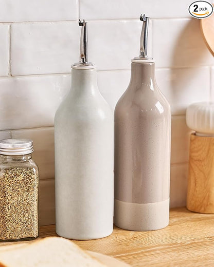 famiware Milkyway 16oz Ceramic Olive Oil Dispenser Bottle, Olive Oil and Vinegar Dispenser Bottle Set of 2 with Stainless Steel Pourers, Storage Vinegar, Soy Sauce, Matte Beige White & Cinnamon Brown