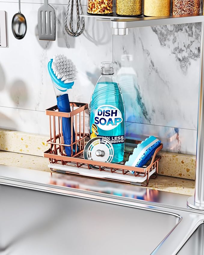 Consumest Sponge Holder for Kitchen Sink - Sink Caddy Kitchen Organizer with Removable Drip Tray for Countertop Dish Soap Dispenser Brush Storage Accessories 304 Stainless Steel, Rose Gold - Image 3