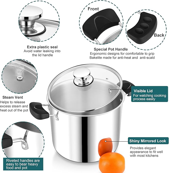 10 Quart 3-Ply Cooking Stock Pot with Lid, P&P CHEF Stainless Steel Large Pot for Pasta Soup, Work on Multi Stove, Heavy Duty & Dishwasher Safe, Dual Heat-resistant Handles & Transparent Glass Lid - Image 3