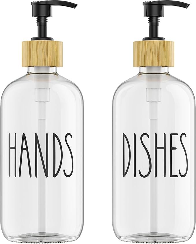 Cisily Dish Soap Dispenser Set with 2 Pack 16.9oz Clear Glass Bottle, Dish Soap Dispensers, Vintage Hand and Dish Soap Dispensers Set by CISILYHOMELIFE