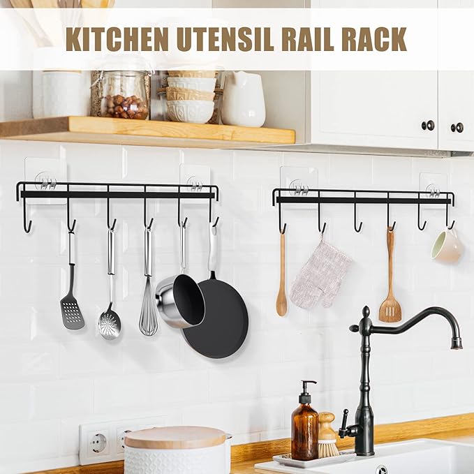 Kitchen Utensil Hanger, Adhesive Utensil Holder Wall Mount Kitchen Rack Rail with 12 Hooks, Space Saving and No Drilling, Black, 2 Pcs - Image 2