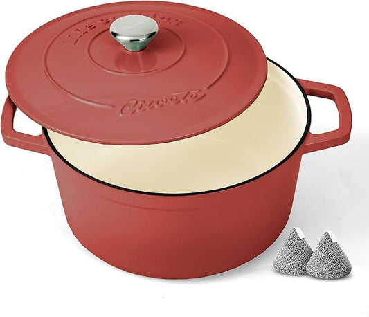 Ciwete Enameled Cast Iron Dutch Oven – 6 Quart Pot with Lid & Potholders – Heavy-Duty Cookware for Bread Baking, Braising, Stews & Roasting – Oven & Stovetop Safe up to 500°F – Red