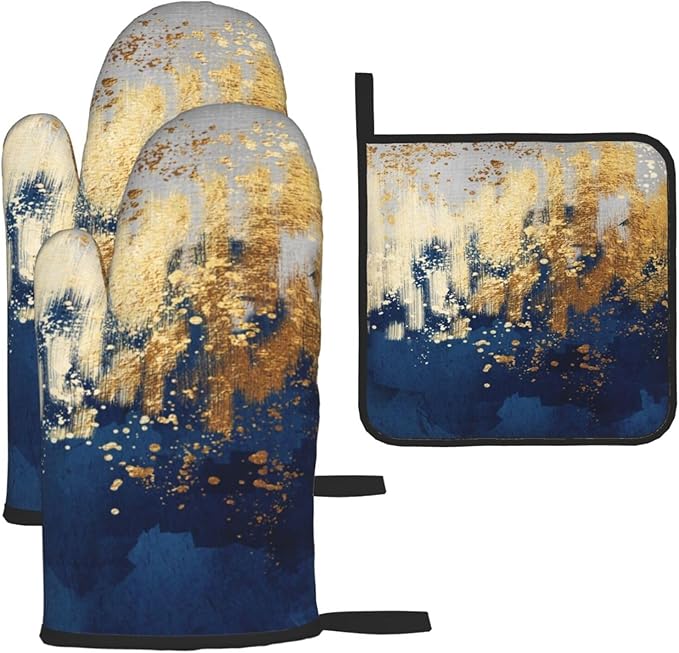 Blue and Gold Watercolor Abstract Oven Mitts and Pot Holder Sets of 3, Non-Slip Heat Resistant Decor Navy Kitchen Gloves with Hanging Loop for Cooking Baking Grilling, Kitchen Gifts for Cooking Lover by Unknown