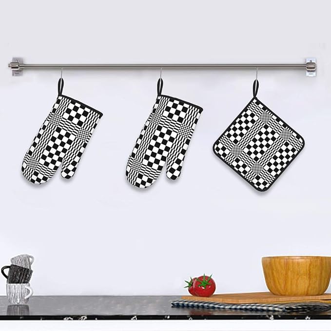 Black and White Optical Illusion Checkered Oven Mitt & Pot Holder Set (3-Piece) - Heat Resistant Non-Slip Kitchen Gloves Gift for Cooking Enthusiasts, Modern Kitchen Decor for Baking Grilling, Black - Image 2