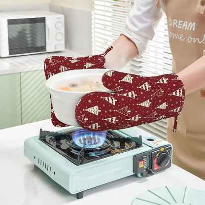 Christmas Oven Mitts and Pot Holders Set, 4pcs Silicone Christmas Tree Oven Glove for Kitchen Heat Resistant Snowflake Oven Mitts and Potholders Non-Slip for Cooking