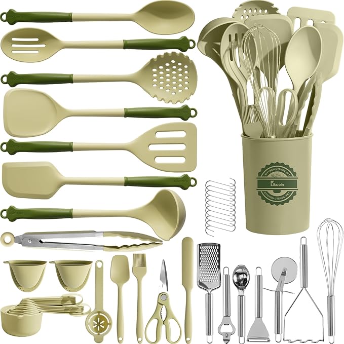 Kikcoin 43Pcs Kitchen Utensils Set - Silicone Cooking Utensil Set, Dishwasher Safe Spatula for Non-stick Cookware, 446°F Heat Resistant Kitchen Gadgets with Holder BPA Free, Avocado Green by Kikcoin