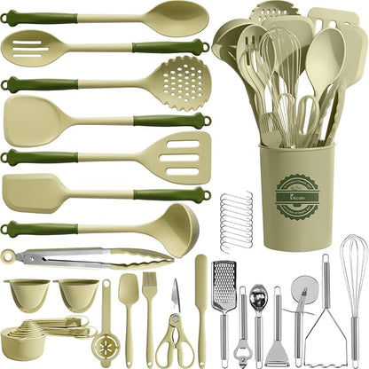 Kikcoin 43Pcs Kitchen Utensils Set - Silicone Cooking Utensil Set, Dishwasher Safe Spatula for Non-stick Cookware, 446°F Heat Resistant Kitchen Gadgets with Holder BPA Free, Avocado Green by Kikcoin
