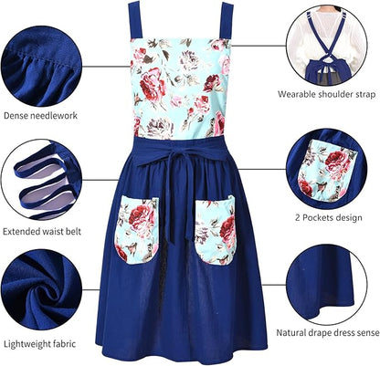 Pinknoke Vintage Pinafore Apron Dress for Women with Pockets Cute Floral Chef Aprons for Kitchen Cooking Baking Gardening - Image 5