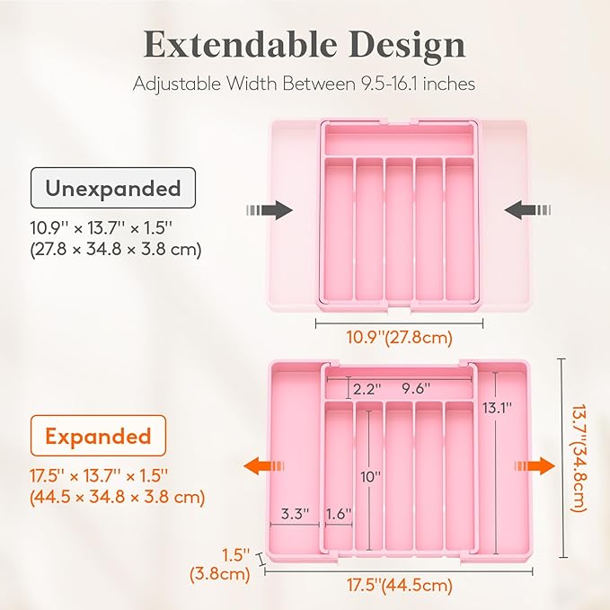 Lifewit Silverware Drawer Organizer, Expandable Utensil Tray for Kitchen, BPA Free Flatware and Cutlery Holder, Adjustable Plastic Storage for Spoons Forks Knives, 10.9"-17.5" x 13.7", Pink - Image 2