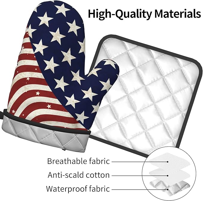 Patriotic Oven Mitts - American Flag Kitchen Mitts Pot Holders 4th of July Hot Mitts Independence Memorial Day Hot Pads Sets of 2 for Cooking Baking Grilling - Image 4