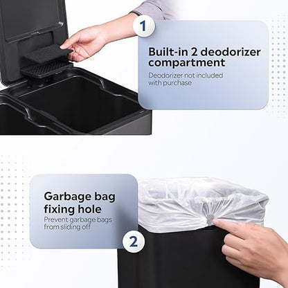 WLIVE 2 x 8 Gallon Stainless Steel Dual Trash Can, Double Trash Can Kitchen with Soft-Close Lid, Trash and Recycle Bin Combo, Kitchen Garbage Can with Deodorizing Filter Box and Inner Buckets, Black