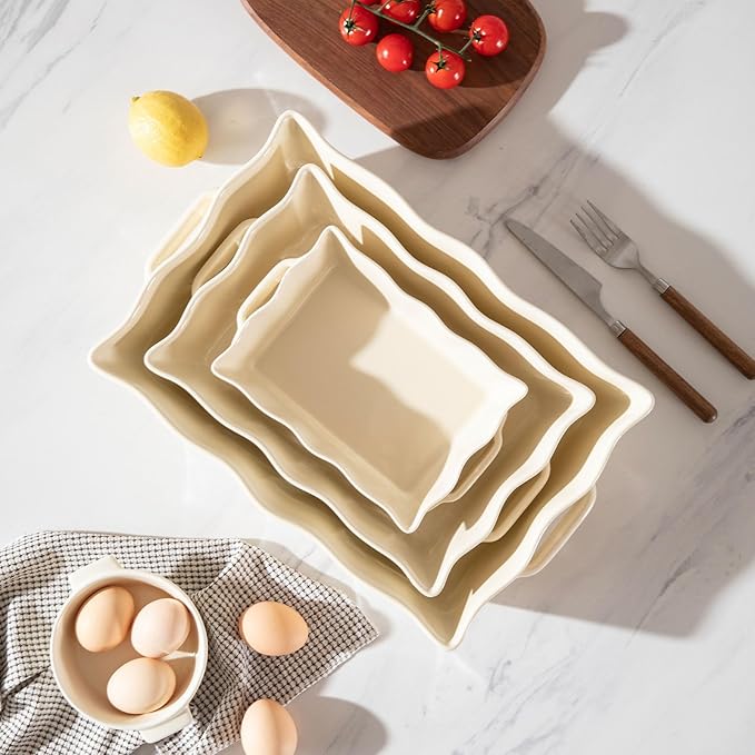 Sweejar Casserole Dishes for Oven, Ceramic Bakeware Set of 3, Rectangular Baking dish with Handles, Wave Edge Lasagna Pan Deep for Cooking, Cake, Dinner, Banquet and Daily Use (Beige) - Image 4