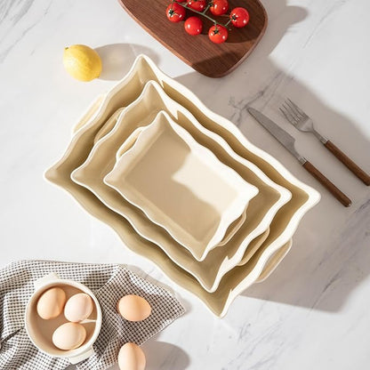 Sweejar Casserole Dishes for Oven, Ceramic Bakeware Set of 3, Rectangular Baking dish with Handles, Wave Edge Lasagna Pan Deep for Cooking, Cake, Dinner, Banquet and Daily Use (Beige) - Image 4