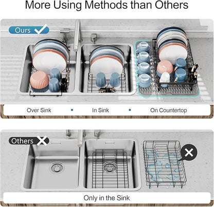 iSPECLE Expandable Dish Drying Rack with Silicone Mat for Kitchen Sink or Counter, Heavy Duty Adjustable Over Sink Dish Drainer with Square Corners, Fit for Modern Single & Double Sinks, Black