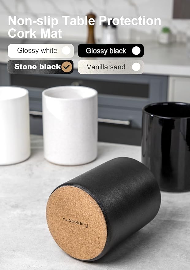 Nucookery Utensil Holder, 6.4" Ceramic Kitchen Utensil Holder with Countertop-Protection Cork Bottom, Farmhouse Kitchen Decor for Counter, Christmas Gift (Stone Black) - Image 2