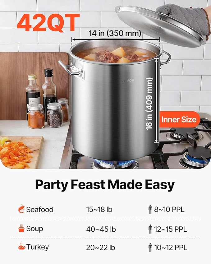 VEVOR Stainless Steel Stockpot, 42 Quart Large Cooking Pots, Cookware Sauce Pot with Strainer, Lid, and Handle, Heavy Duty Commercial Grade Stock Pot, Sanding Treatment, for Large Groups Events Silver - Image 2
