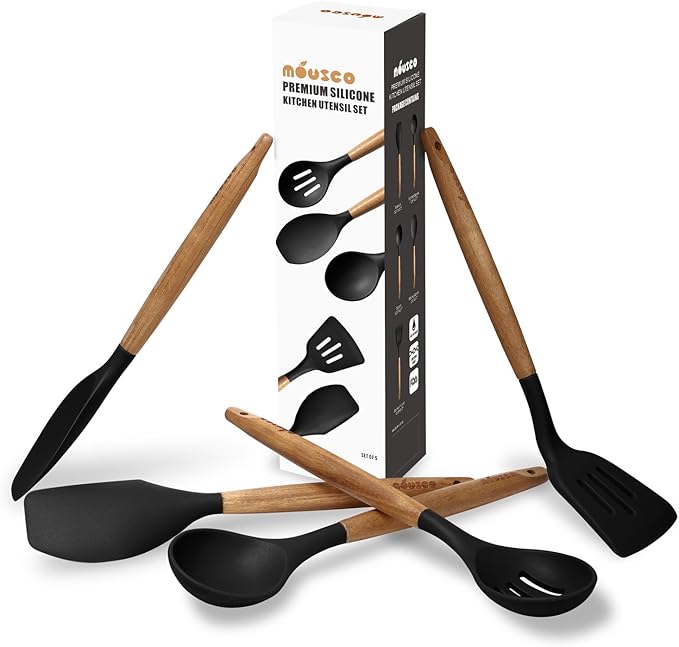 Kitchen Utensils Set, Silicone Cooking Utensils Set,Non-Stick Silicone Spatula Set with Natural Acacia Hard Wood Handle, 5 Piece, Upgraded Thickened Cookware - Image 9