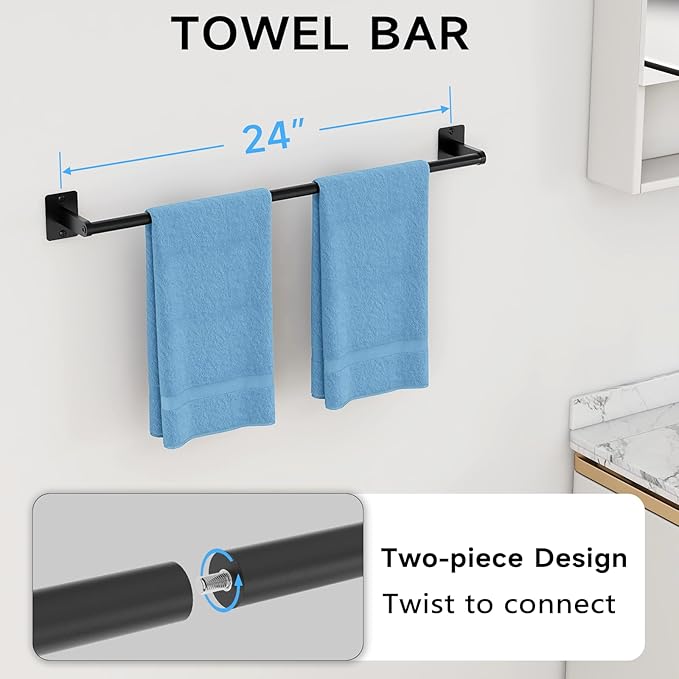 Matte Black Bathroom Accessories Set, KLJKPA 4 Pieces Bathroom Hardware Set, 24 inch Towel Bar, Towel Racks for Bathroom, Robe Towel Hooks, Toilet Paper Holder Wall Mounted - Image 2
